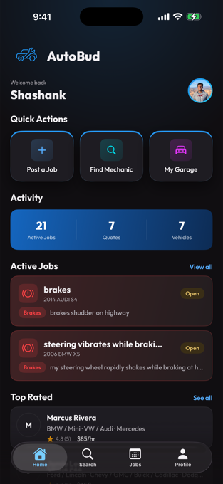 The AutoBud home screen showing active jobs and quotes